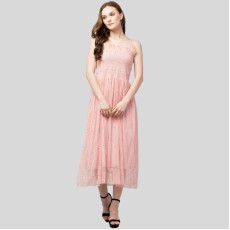 Womens Net Embroidered Drop Waist Dress Peach